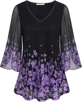 Bebonnie Womens Ruffle 3/4 Sleeve V Neck Double Layers Mesh Blouses Loose Fit Flowy Tunic Tops