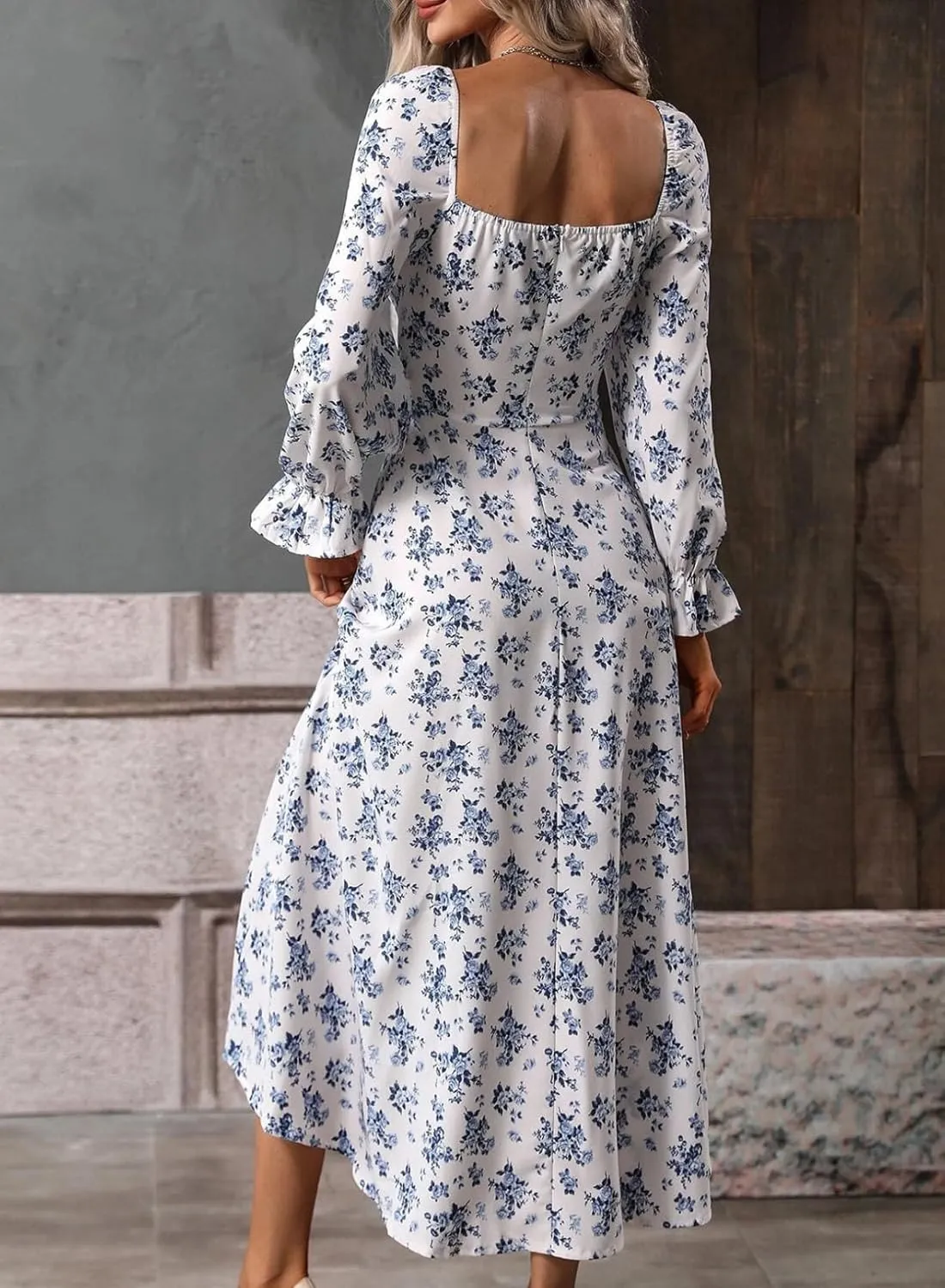 BLENCOT Casual Women's Square Neck Long Sleeve Split Thigh Dress Boho Floral Print A-line Tie Front Midi Dresses