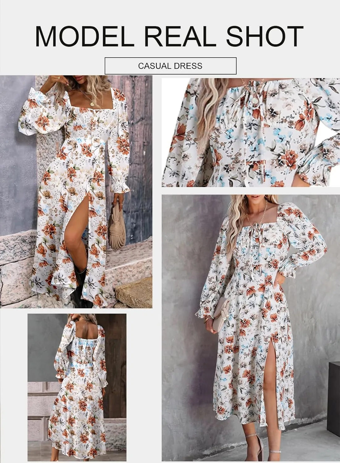 BLENCOT Casual Women's Square Neck Long Sleeve Split Thigh Dress Boho Floral Print A-line Tie Front Midi Dresses