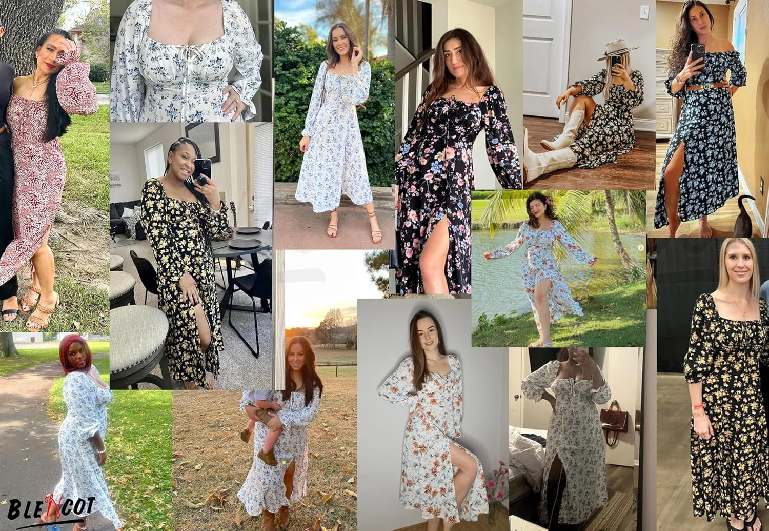 BLENCOT Casual Women's Square Neck Long Sleeve Split Thigh Dress Boho Floral Print A-line Tie Front Midi Dresses