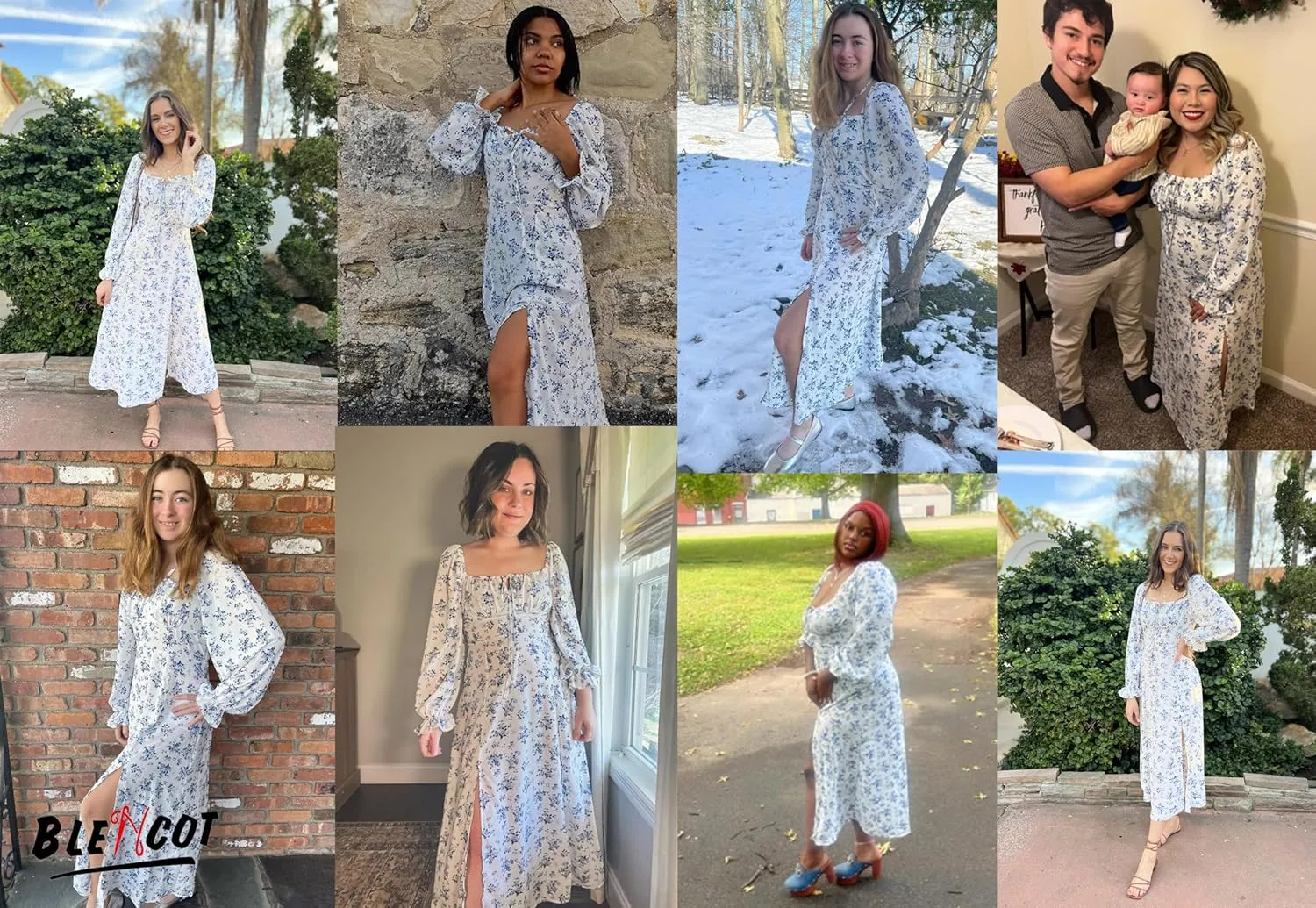 BLENCOT Casual Women's Square Neck Long Sleeve Split Thigh Dress Boho Floral Print A-line Tie Front Midi Dresses