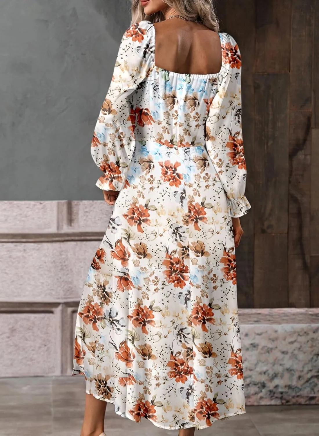 BLENCOT Casual Women's Square Neck Long Sleeve Split Thigh Dress Boho Floral Print A-line Tie Front Midi Dresses