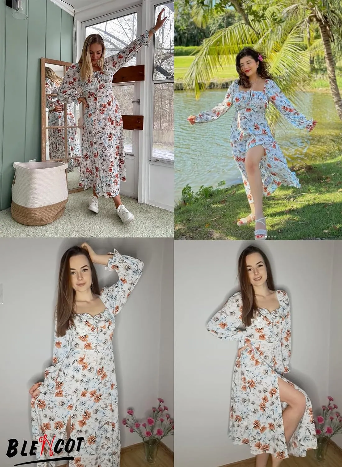 BLENCOT Casual Women's Square Neck Long Sleeve Split Thigh Dress Boho Floral Print A-line Tie Front Midi Dresses