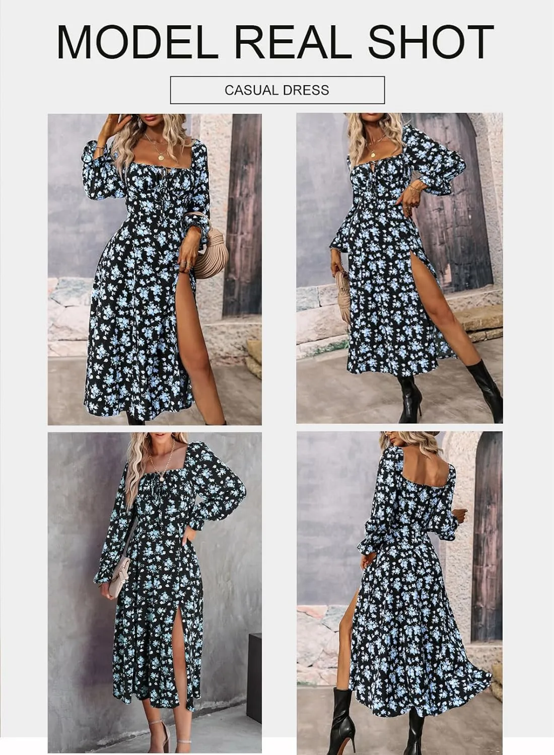 BLENCOT Casual Women's Square Neck Long Sleeve Split Thigh Dress Boho Floral Print A-line Tie Front Midi Dresses