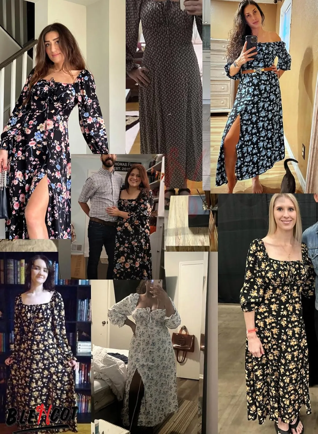 BLENCOT Casual Women's Square Neck Long Sleeve Split Thigh Dress Boho Floral Print A-line Tie Front Midi Dresses