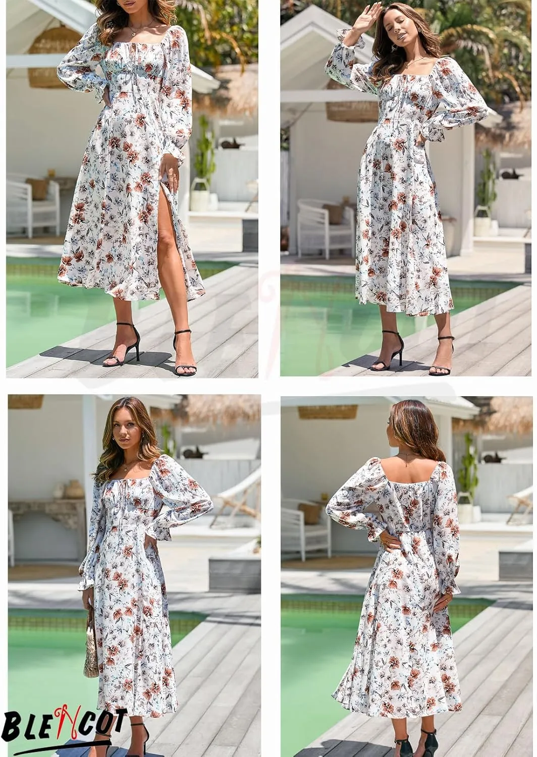 BLENCOT Casual Women's Square Neck Long Sleeve Split Thigh Dress Boho Floral Print A-line Tie Front Midi Dresses