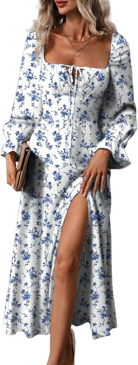 BLENCOT Casual Women's Square Neck Long Sleeve Split Thigh Dress Boho Floral Print A-line Tie Front Midi Dresses