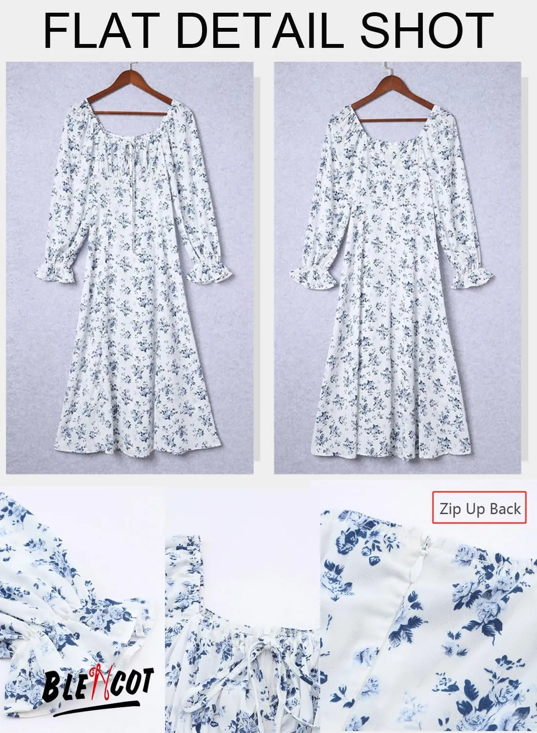BLENCOT Casual Women's Square Neck Long Sleeve Split Thigh Dress Boho Floral Print A-line Tie Front Midi Dresses