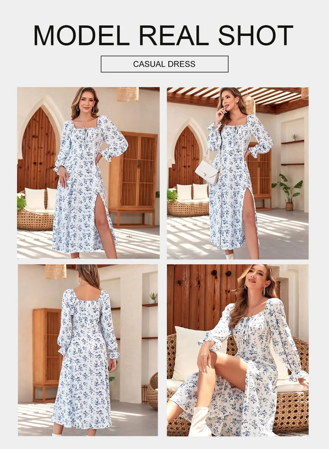 BLENCOT Casual Women's Square Neck Long Sleeve Split Thigh Dress Boho Floral Print A-line Tie Front Midi Dresses