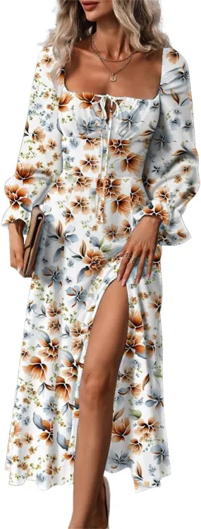 BLENCOT Casual Women's Square Neck Long Sleeve Split Thigh Dress Boho Floral Print A-line Tie Front Midi Dresses