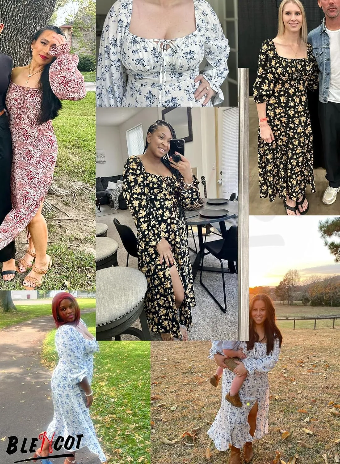 BLENCOT Casual Women's Square Neck Long Sleeve Split Thigh Dress Boho Floral Print A-line Tie Front Midi Dresses