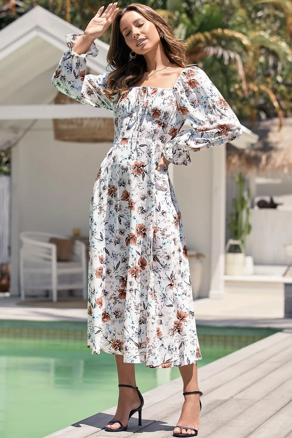 BLENCOT Casual Women's Square Neck Long Sleeve Split Thigh Dress Boho Floral Print A-line Tie Front Midi Dresses