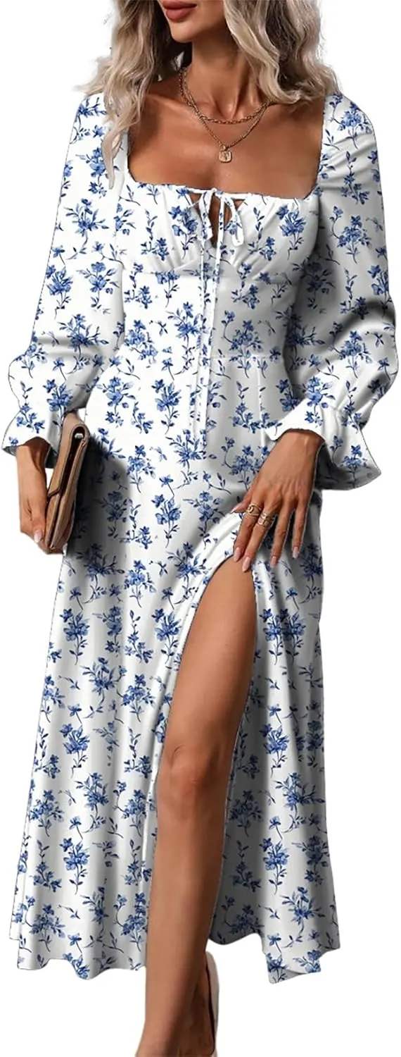 BLENCOT Casual Women's Square Neck Long Sleeve Split Thigh Dress Boho Floral Print A-line Tie Front Midi Dresses