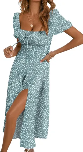 BLENCOT Womens Casual Summer Square Neck Short Sleeve Split Thigh Dress Boho Floral Print Tie Front Midi Dresses