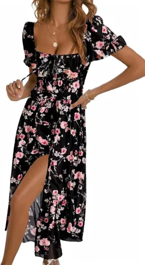 BLENCOT Womens Casual Summer Square Neck Short Sleeve Split Thigh Dress Boho Floral Print Tie Front Midi Dresses