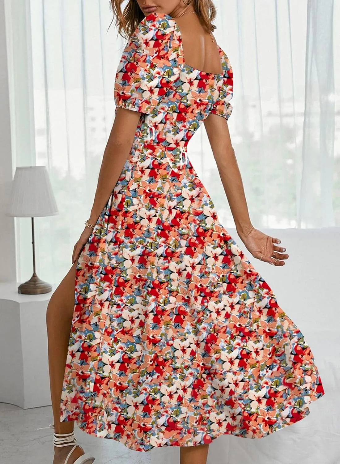 BLENCOT Womens Casual Summer Square Neck Short Sleeve Split Thigh Dress Boho Floral Print Tie Front Midi Dresses