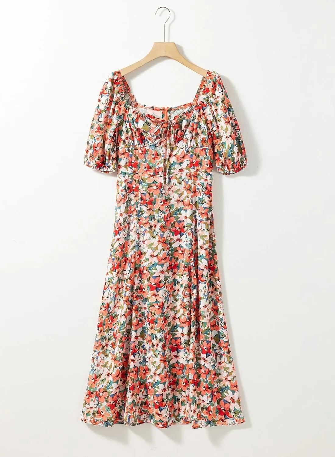 BLENCOT Womens Casual Summer Square Neck Short Sleeve Split Thigh Dress Boho Floral Print Tie Front Midi Dresses