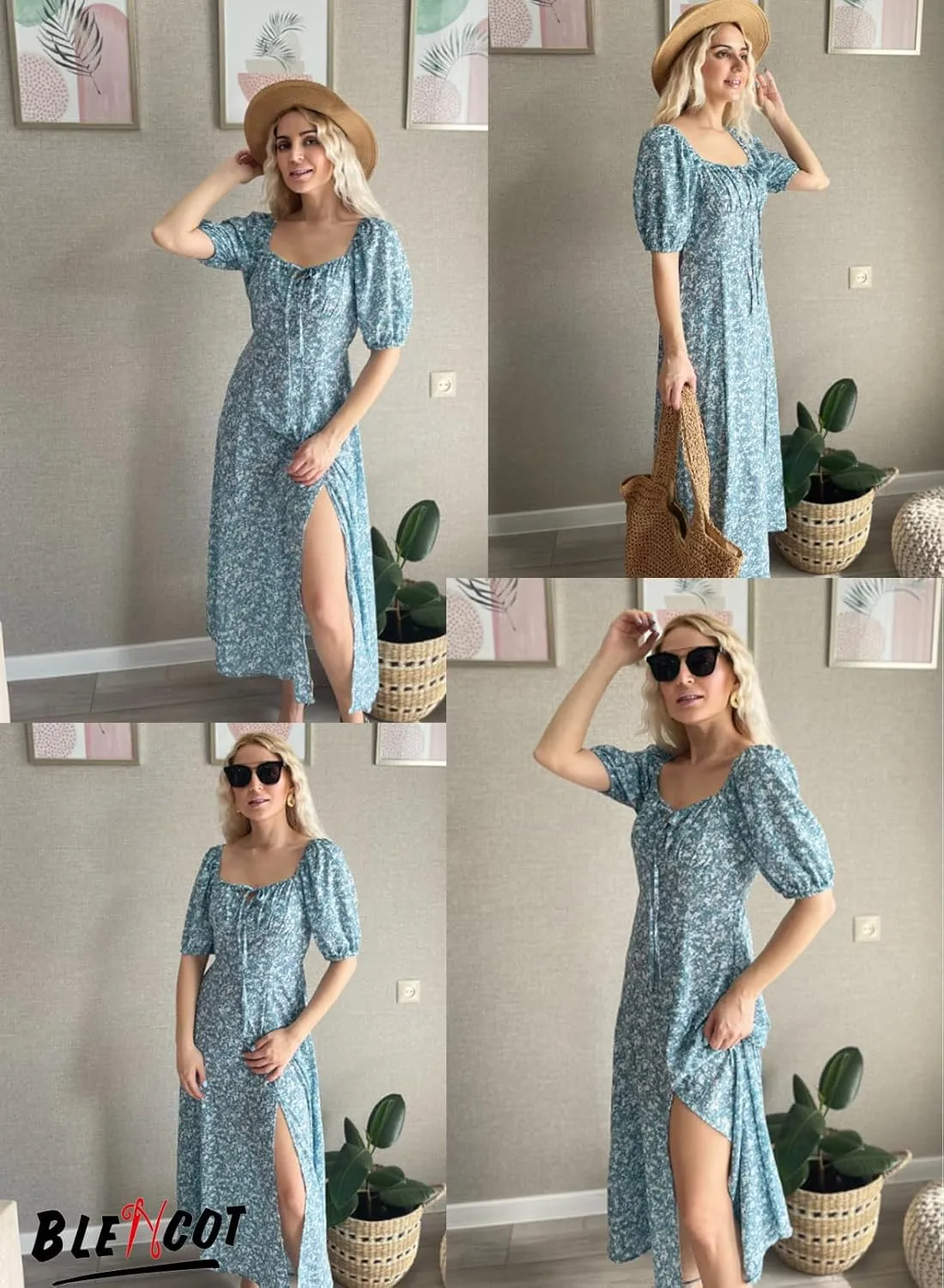 BLENCOT Womens Casual Summer Square Neck Short Sleeve Split Thigh Dress Boho Floral Print Tie Front Midi Dresses