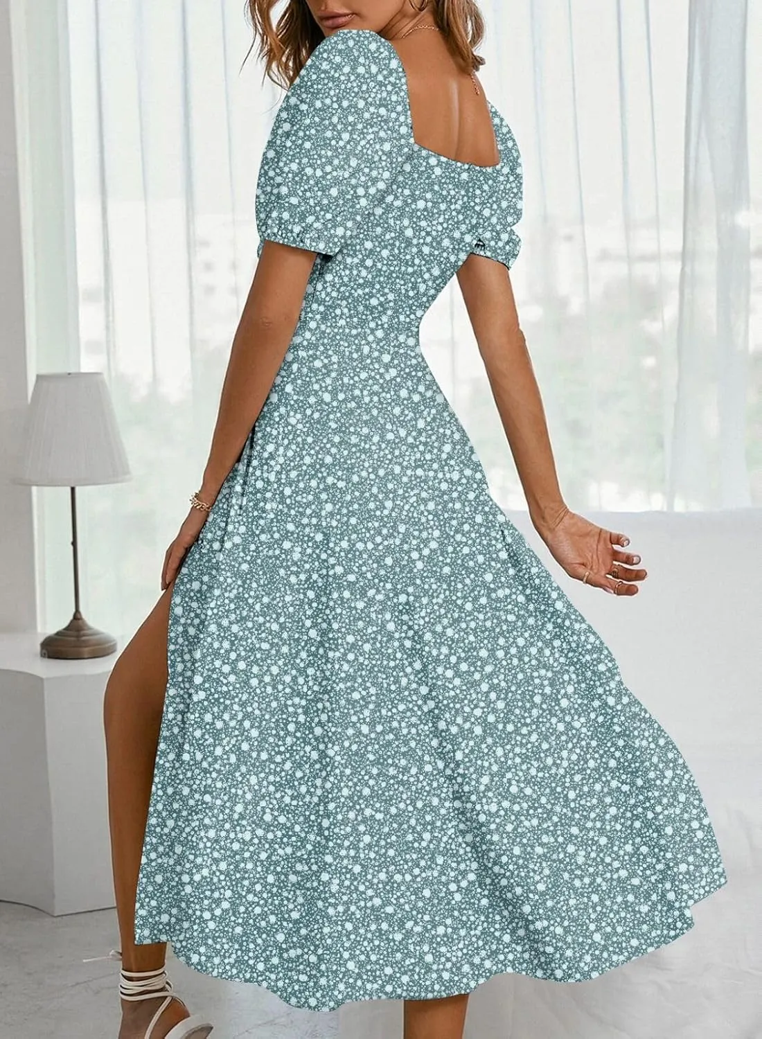 BLENCOT Womens Casual Summer Square Neck Short Sleeve Split Thigh Dress Boho Floral Print Tie Front Midi Dresses