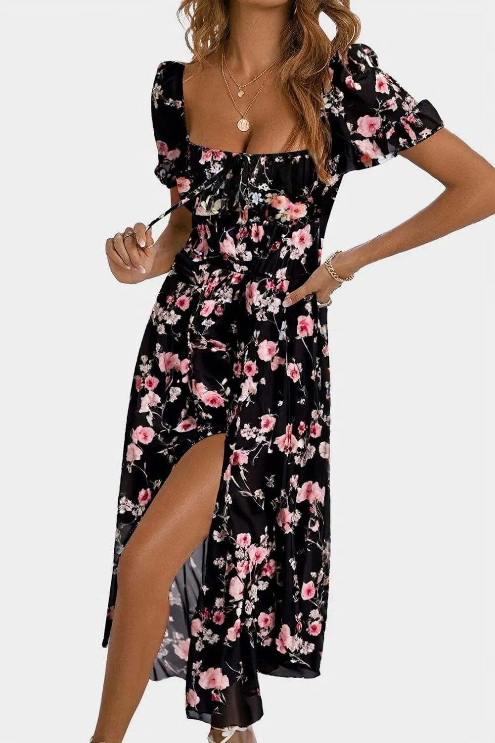 BLENCOT Womens Casual Summer Square Neck Short Sleeve Split Thigh Dress Boho Floral Print Tie Front Midi Dresses
