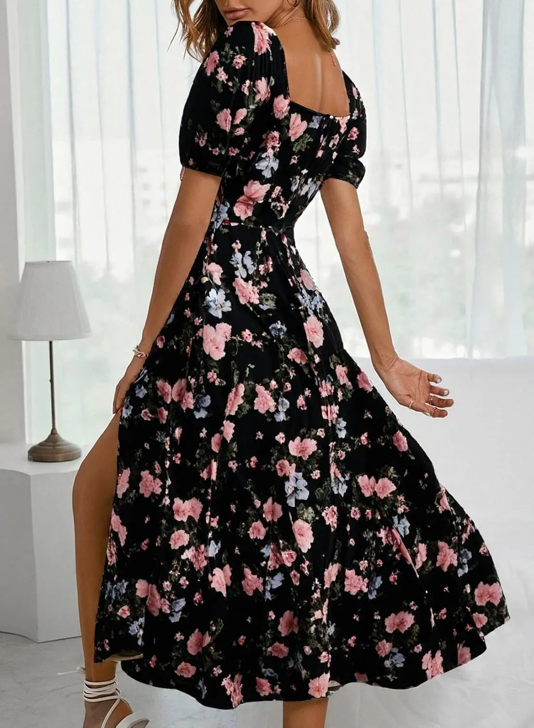 BLENCOT Womens Casual Summer Square Neck Short Sleeve Split Thigh Dress Boho Floral Print Tie Front Midi Dresses