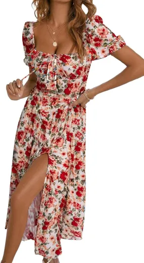 BLENCOT Womens Casual Summer Square Neck Short Sleeve Split Thigh Dress Boho Floral Print Tie Front Midi Dresses
