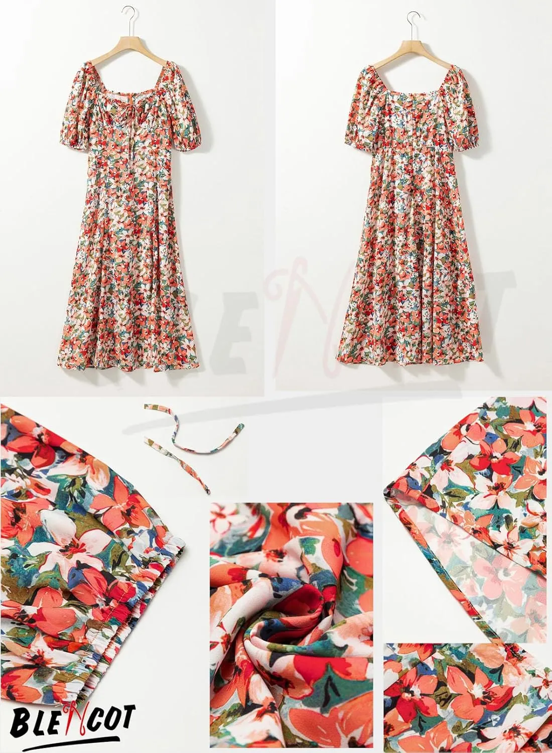 BLENCOT Womens Casual Summer Square Neck Short Sleeve Split Thigh Dress Boho Floral Print Tie Front Midi Dresses