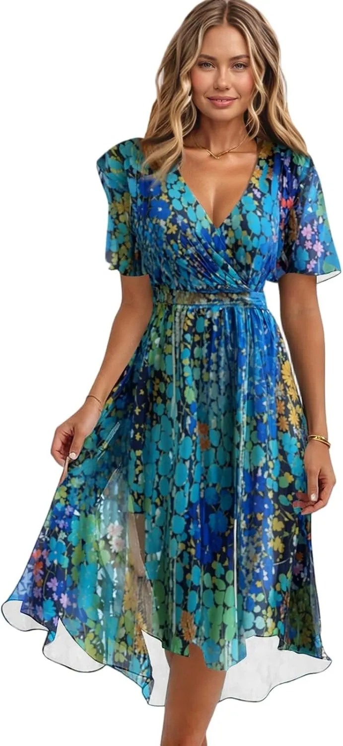 Cocktail Dresses for Women,Floral Chiffon Womens Midi Dress Wrap Flowy Wedding Prom Spring Summer Sexy Dresses