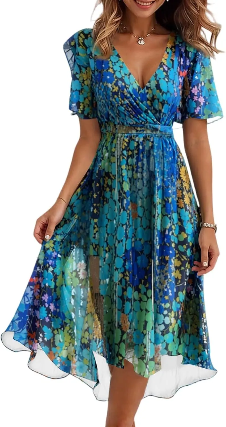 Cocktail Dresses for Women,Floral Chiffon Womens Midi Dress Wrap Flowy Wedding Prom Spring Summer Sexy Dresses