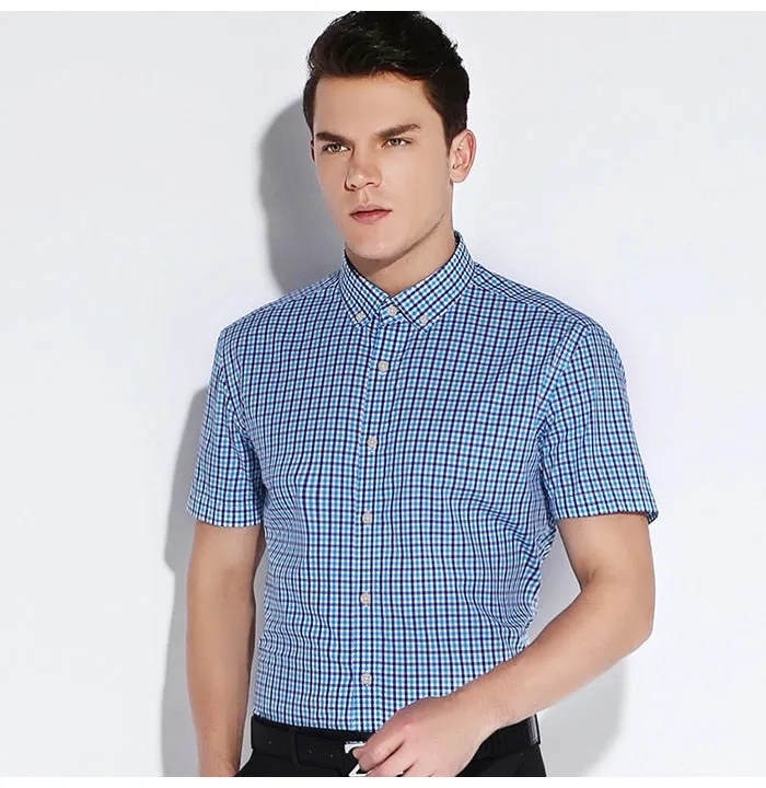 England Style Plaid Checked Cotton Men's Pocket-less Design Short Sleeve Summer Casual Standard-fit Button-down Thin Shirt