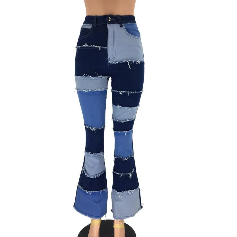FashionSierra - Women's blue high waist skinny colorblock bell bottom jeans