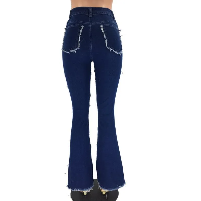 FashionSierra - Women's blue high waist skinny colorblock bell bottom jeans