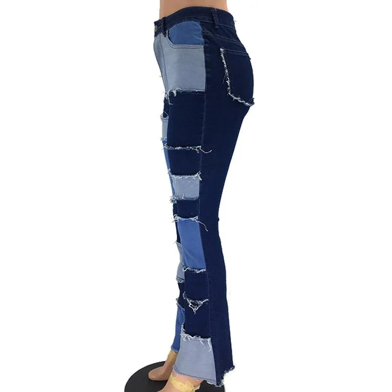 FashionSierra - Women's blue high waist skinny colorblock bell bottom jeans