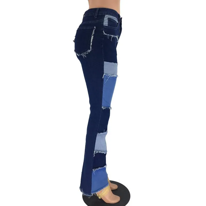 FashionSierra - Women's blue high waist skinny colorblock bell bottom jeans