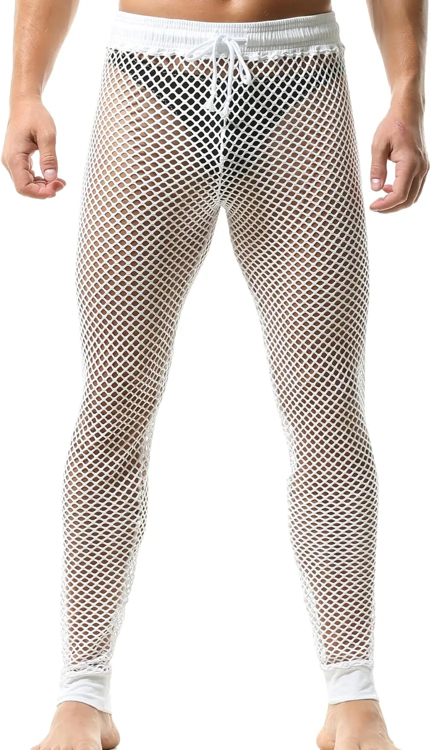FEOYA Men Mesh Workout Leggings Fishnet Muscle Pants See Through Sheer Tights Pants with Drawstring