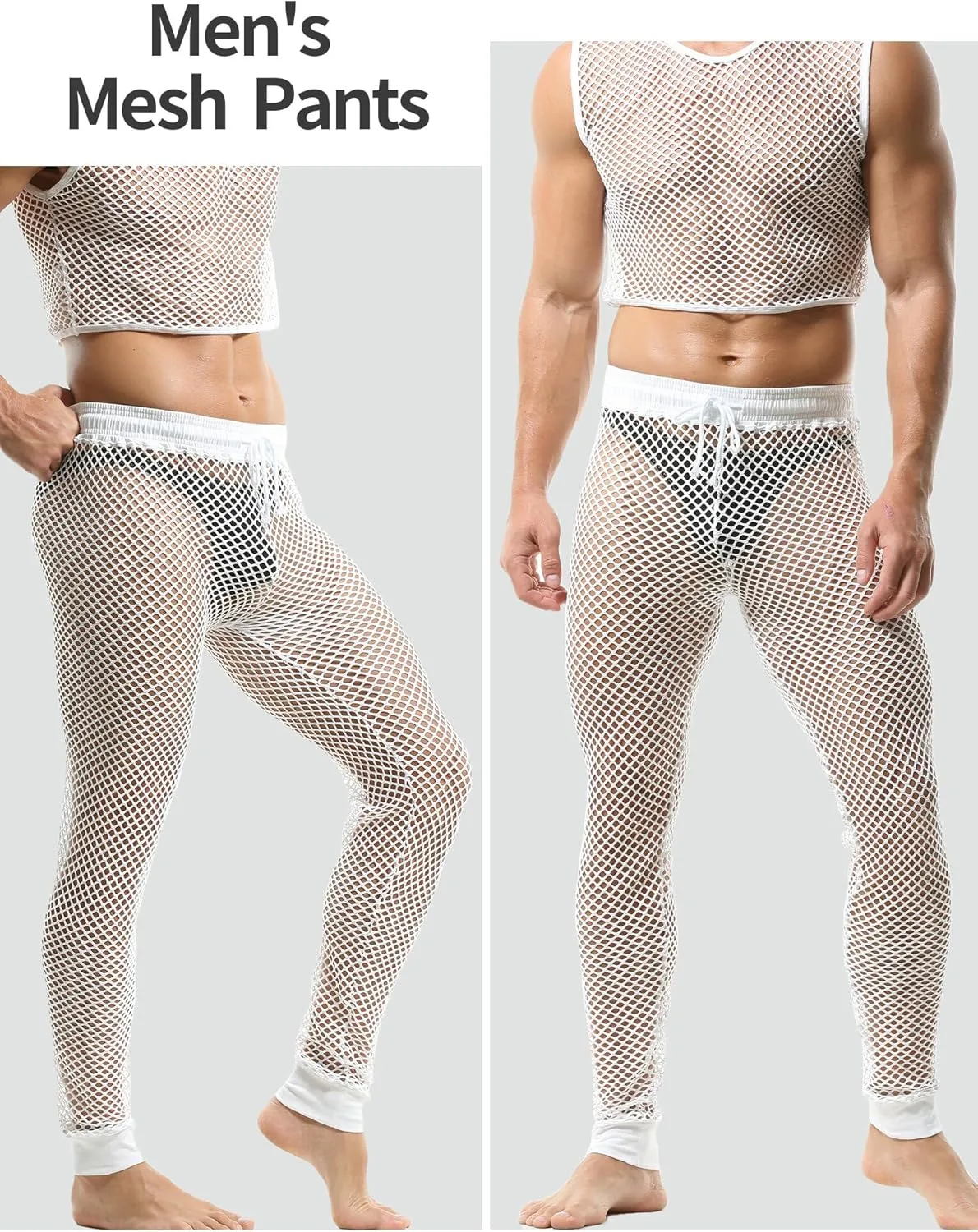 FEOYA Men Mesh Workout Leggings Fishnet Muscle Pants See Through Sheer Tights Pants with Drawstring
