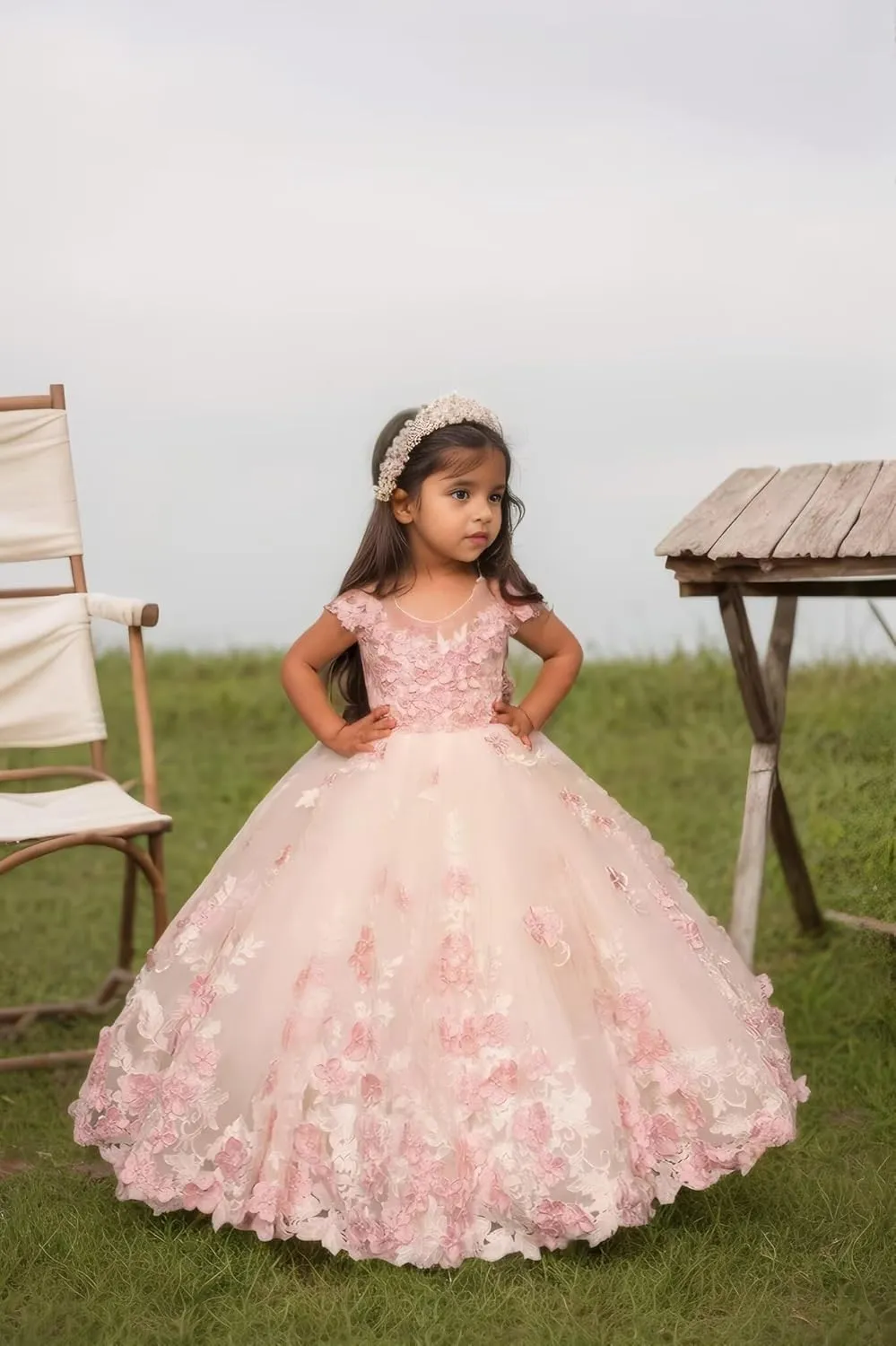 Flower Girl Dress Lace Tulle Pageant Dresses for Girls Kids Floral Applique Prom First Communion Long Ball Gown
