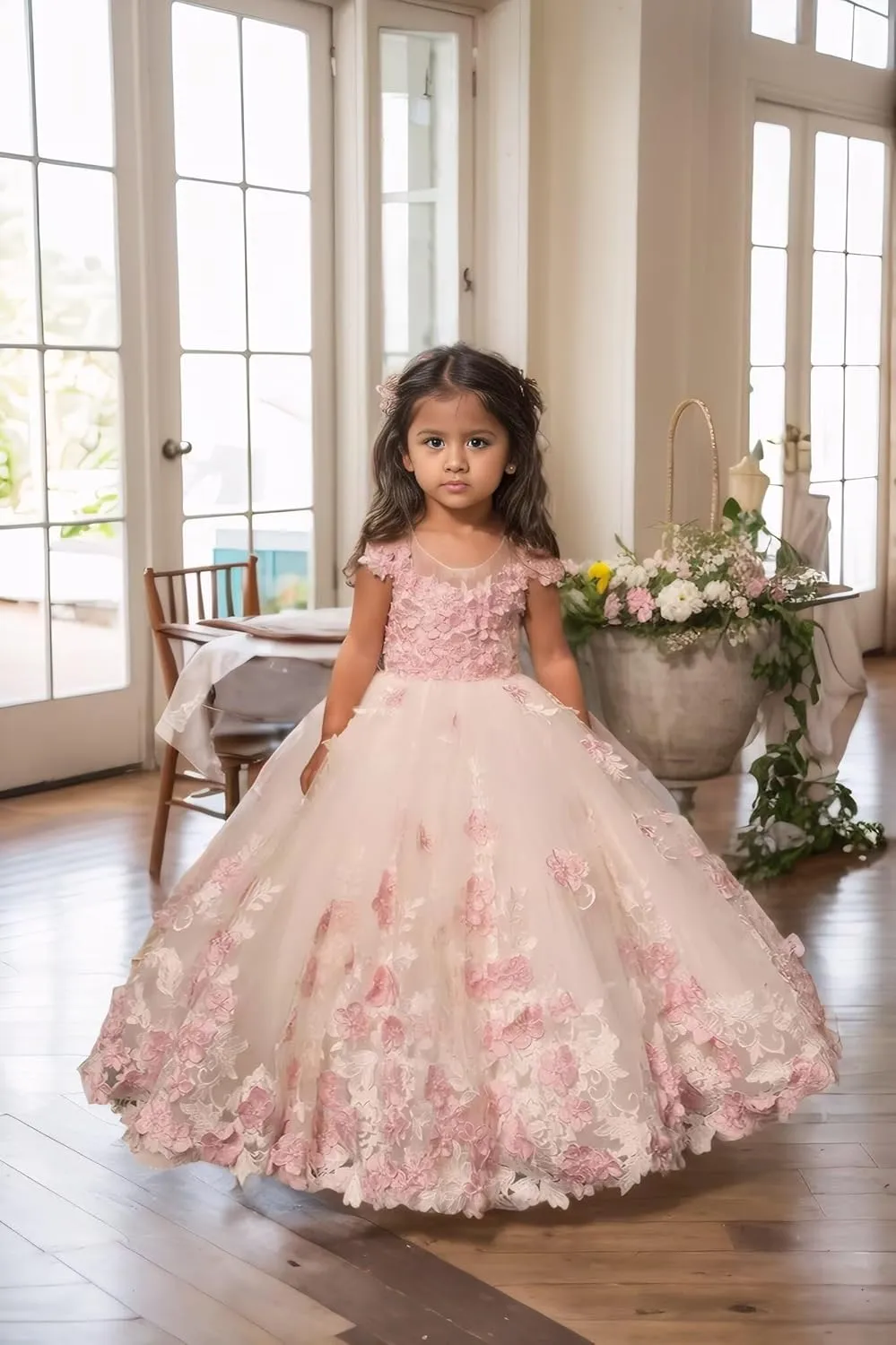 Flower Girl Dress Lace Tulle Pageant Dresses for Girls Kids Floral Applique Prom First Communion Long Ball Gown
