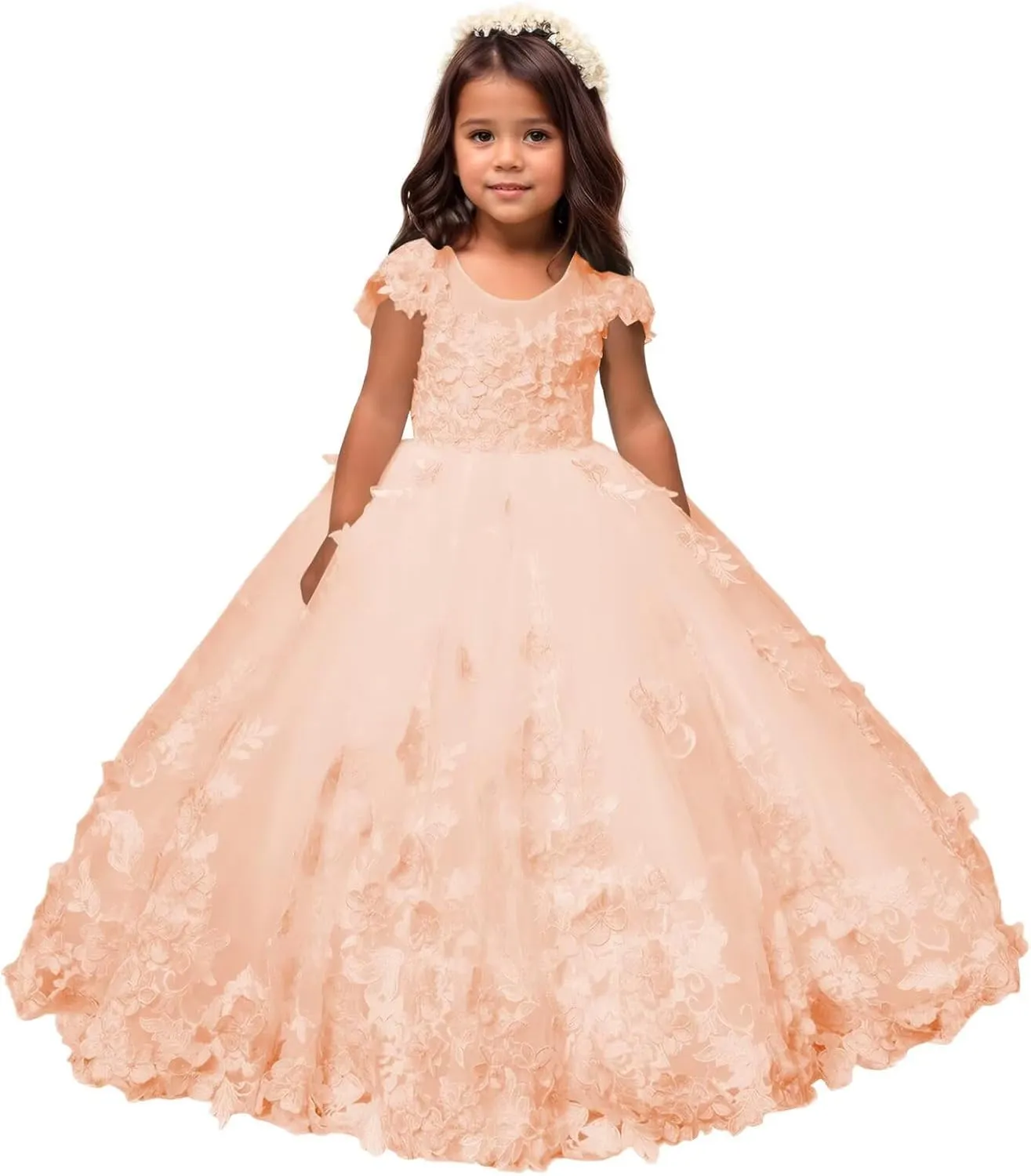 Flower Girl Dress Lace Tulle Pageant Dresses for Girls Kids Floral Applique Prom First Communion Long Ball Gown