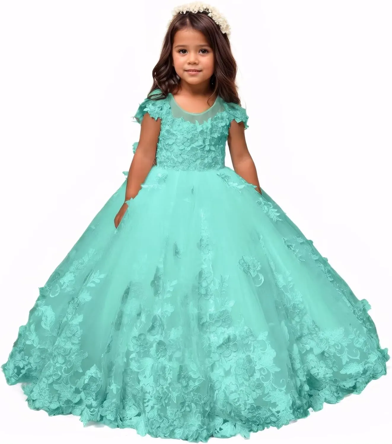 Flower Girl Dress Lace Tulle Pageant Dresses for Girls Kids Floral Applique Prom First Communion Long Ball Gown