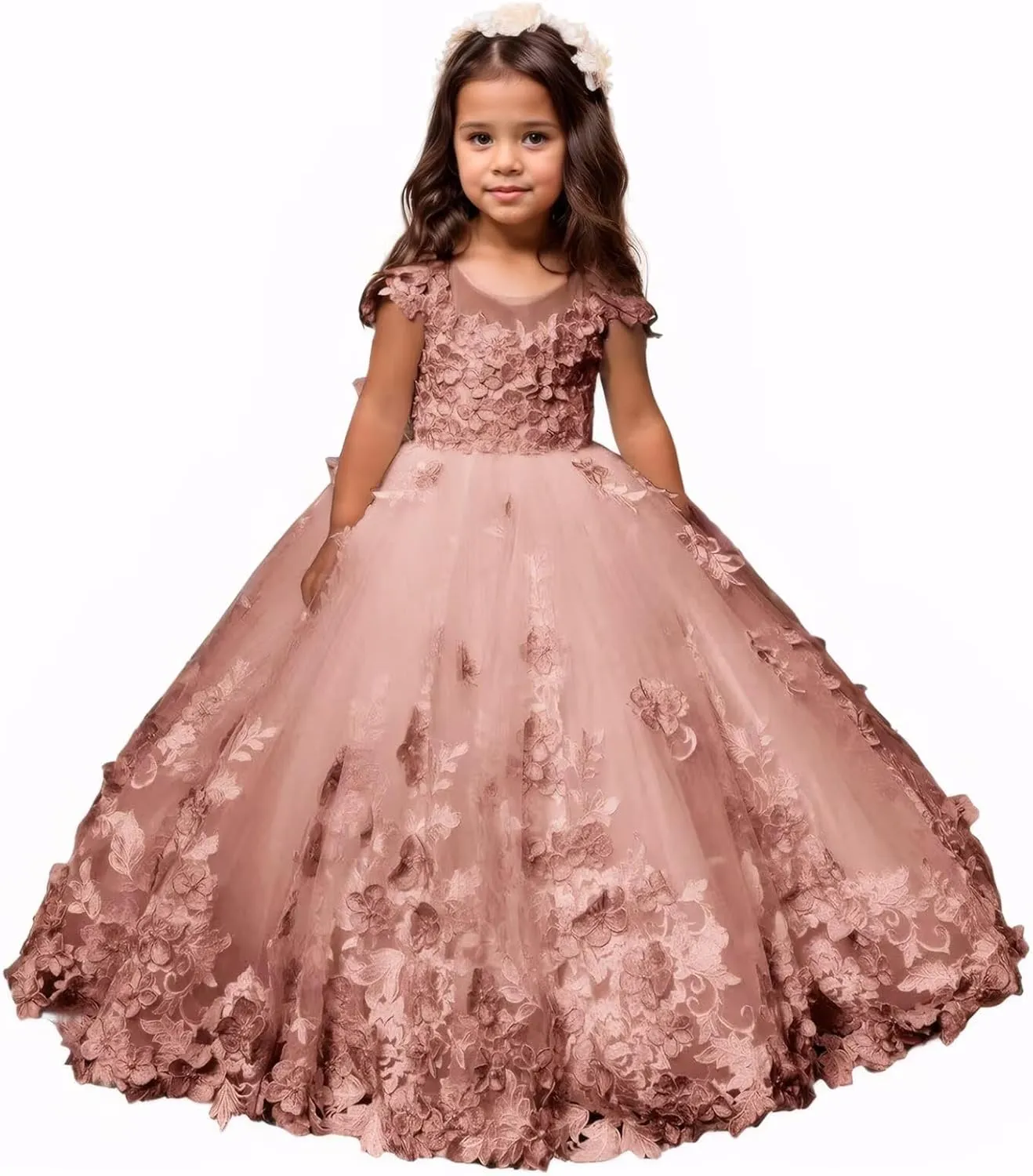 Flower Girl Dress Lace Tulle Pageant Dresses for Girls Kids Floral Applique Prom First Communion Long Ball Gown