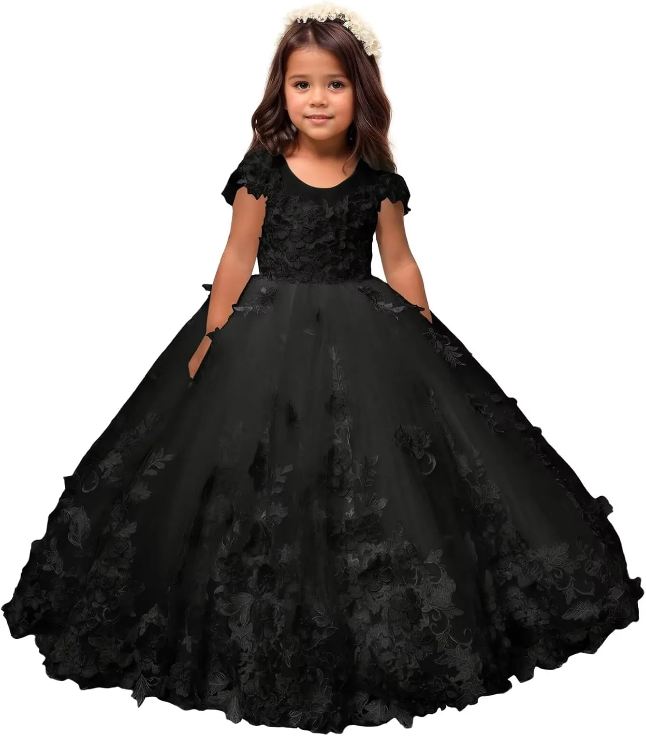 Flower Girl Dress Lace Tulle Pageant Dresses for Girls Kids Floral Applique Prom First Communion Long Ball Gown
