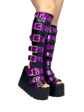 HOWLER BLACK/PURPLE OPEN TOE PLATFORM BOOTS