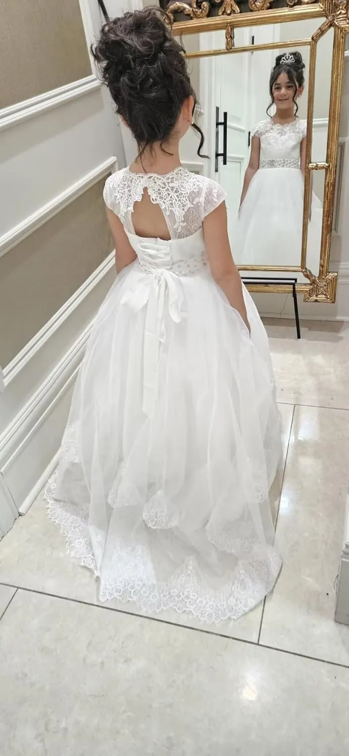 JISISANG Flower Girls Lace Tulle Ball Gowns with Bow-Knot First Communion Dresses Tutu Pageant Dress for Wedding Princess