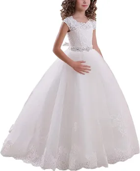JISISANG Flower Girls Lace Tulle Ball Gowns with Bow-Knot First Communion Dresses Tutu Pageant Dress for Wedding Princess