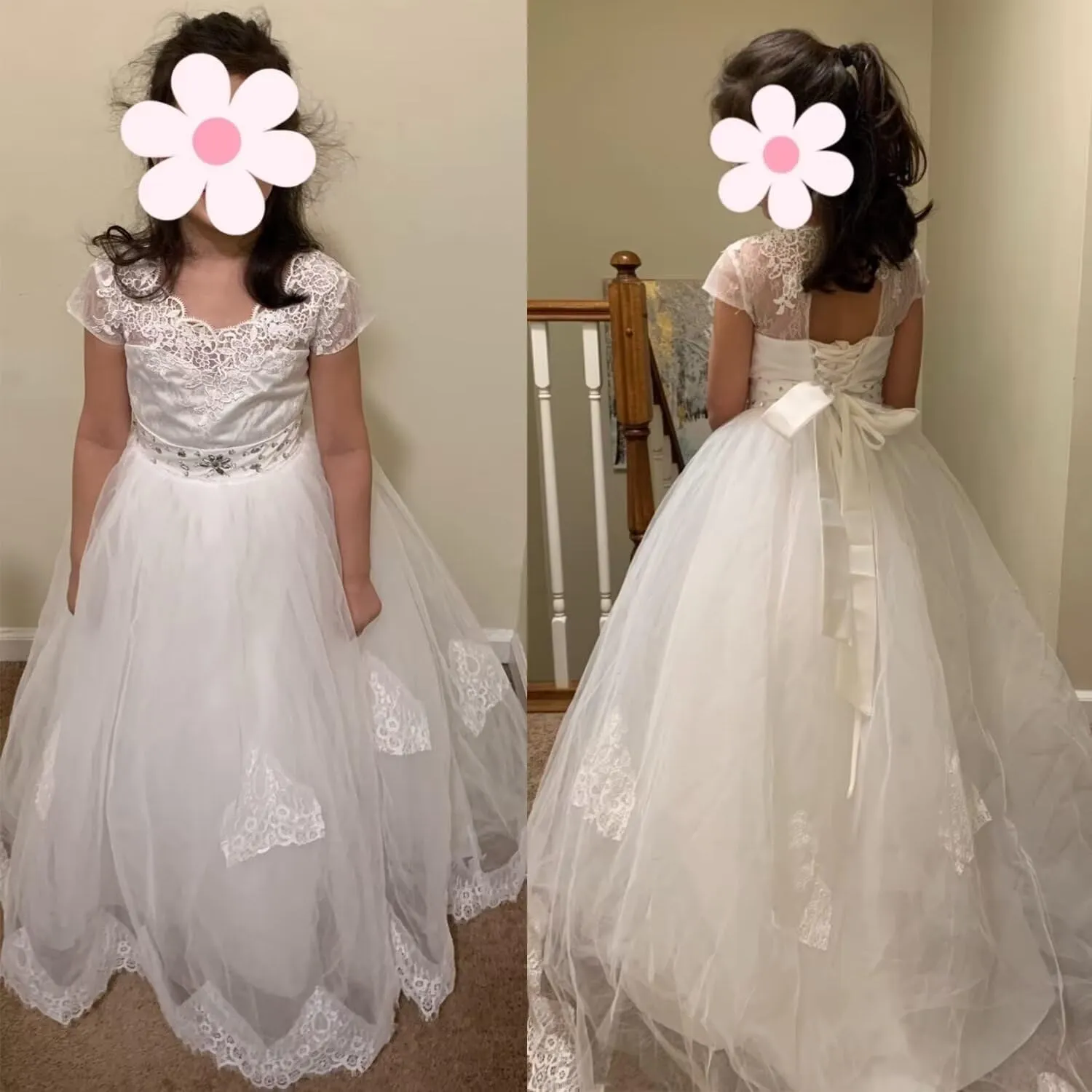 JISISANG Flower Girls Lace Tulle Ball Gowns with Bow-Knot First Communion Dresses Tutu Pageant Dress for Wedding Princess