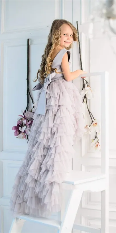 Light Grey Satin Tulle Flower Girl Dresses, Hi-low Flower Girl Dresses, Newest Flower Dresses