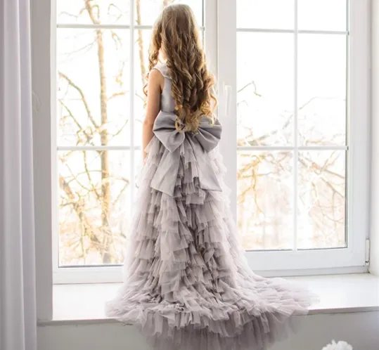 Light Grey Satin Tulle Flower Girl Dresses, Hi-low Flower Girl Dresses, Newest Flower Dresses