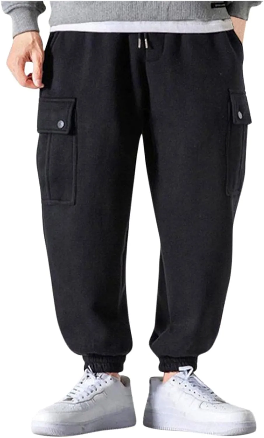 Men's Cargo Sweatpants Heavyweight Fleece Lined Drawstring Jogger Pants Elastic Waist Baggy Workout Running Pants Pockets