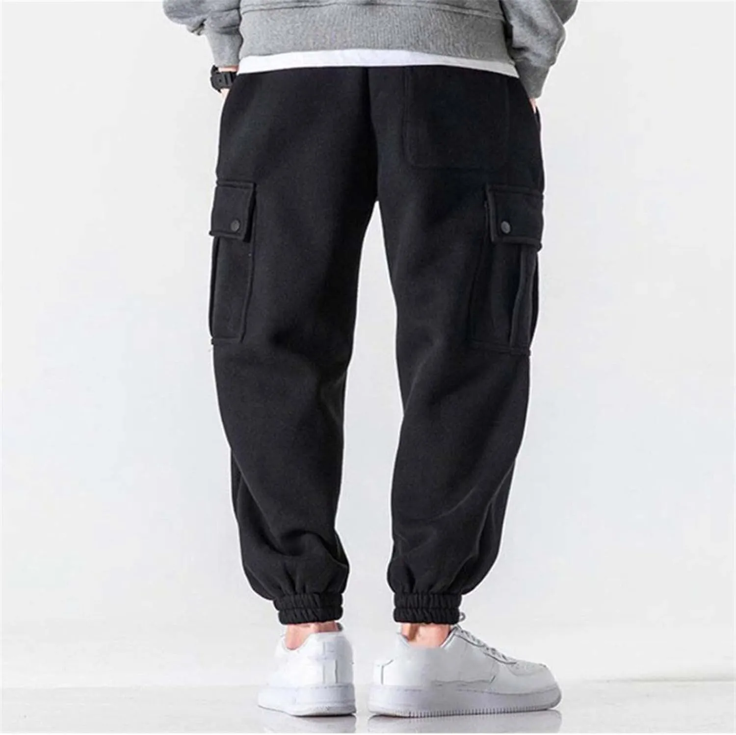 Men's Cargo Sweatpants Heavyweight Fleece Lined Drawstring Jogger Pants Elastic Waist Baggy Workout Running Pants Pockets